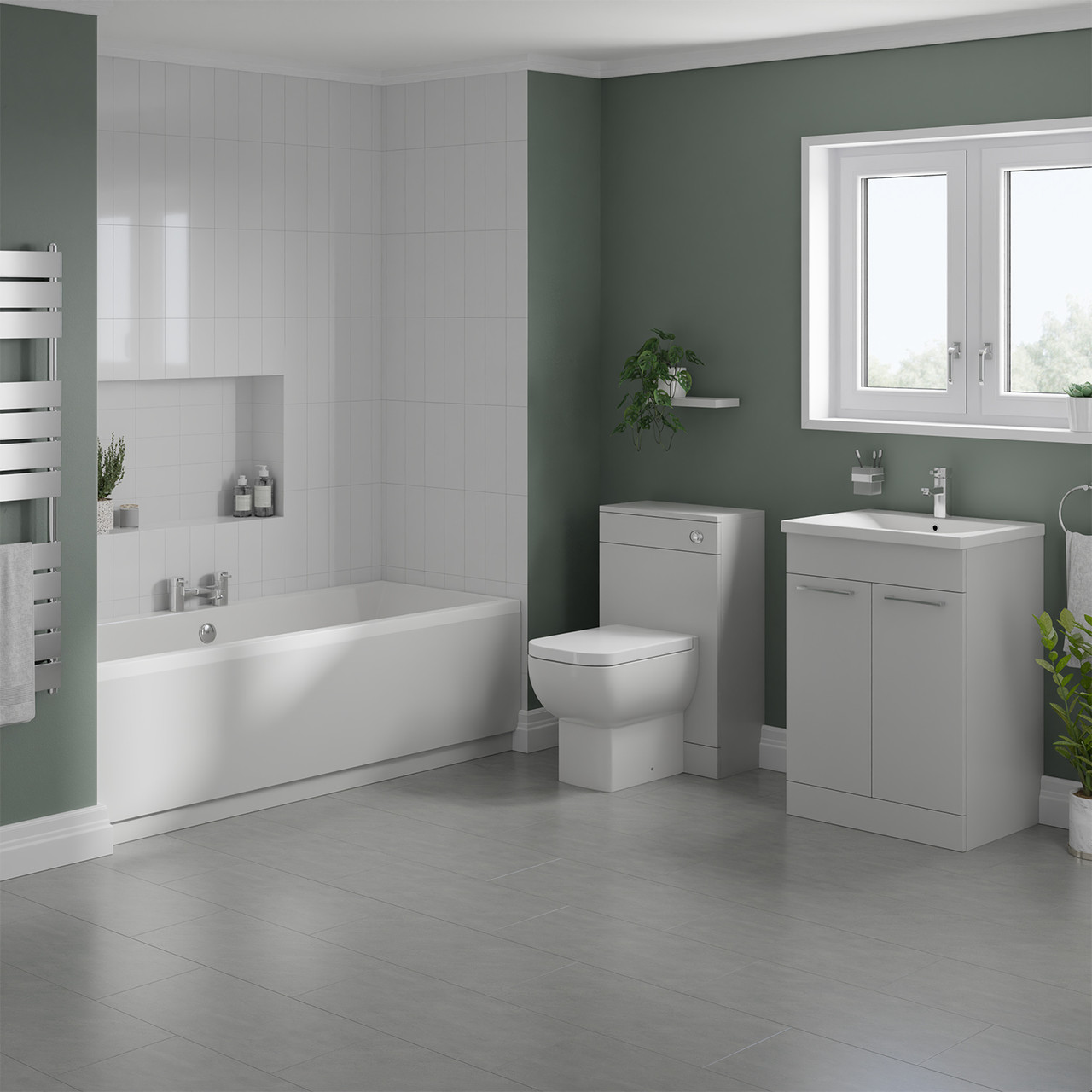 Denton Slim Edge Straight Double Ended Bathroom Suite including Furniture Set with Polished Chrome Handles