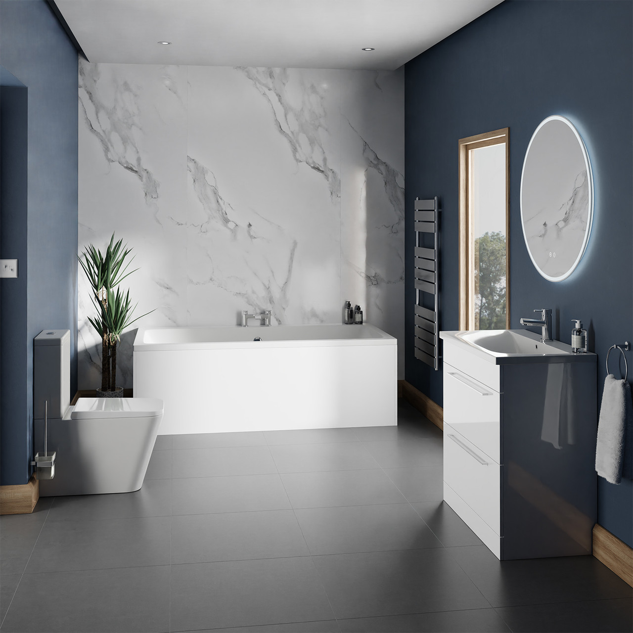 Preston Straight Double Ended Bathroom Suite including Vanity Unit with Polished Chrome Handles