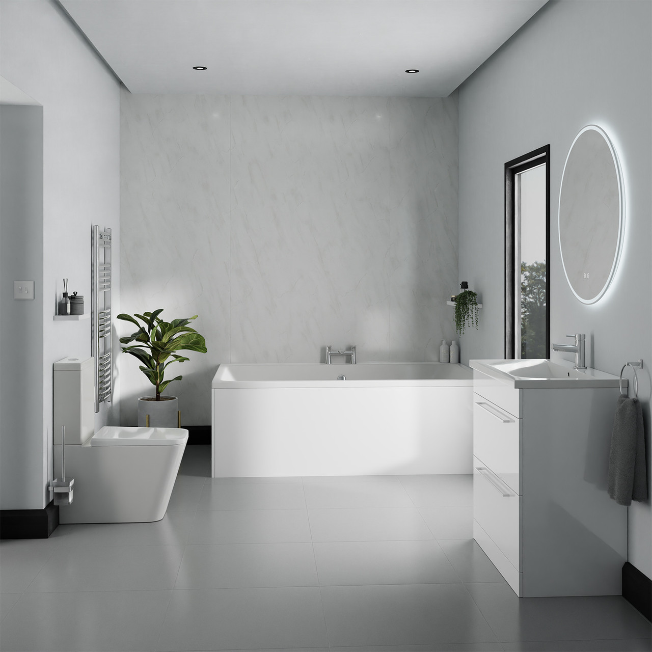 Preston Straight Double Ended Bathroom Suite including Vanity Unit with Polished Chrome Handles
