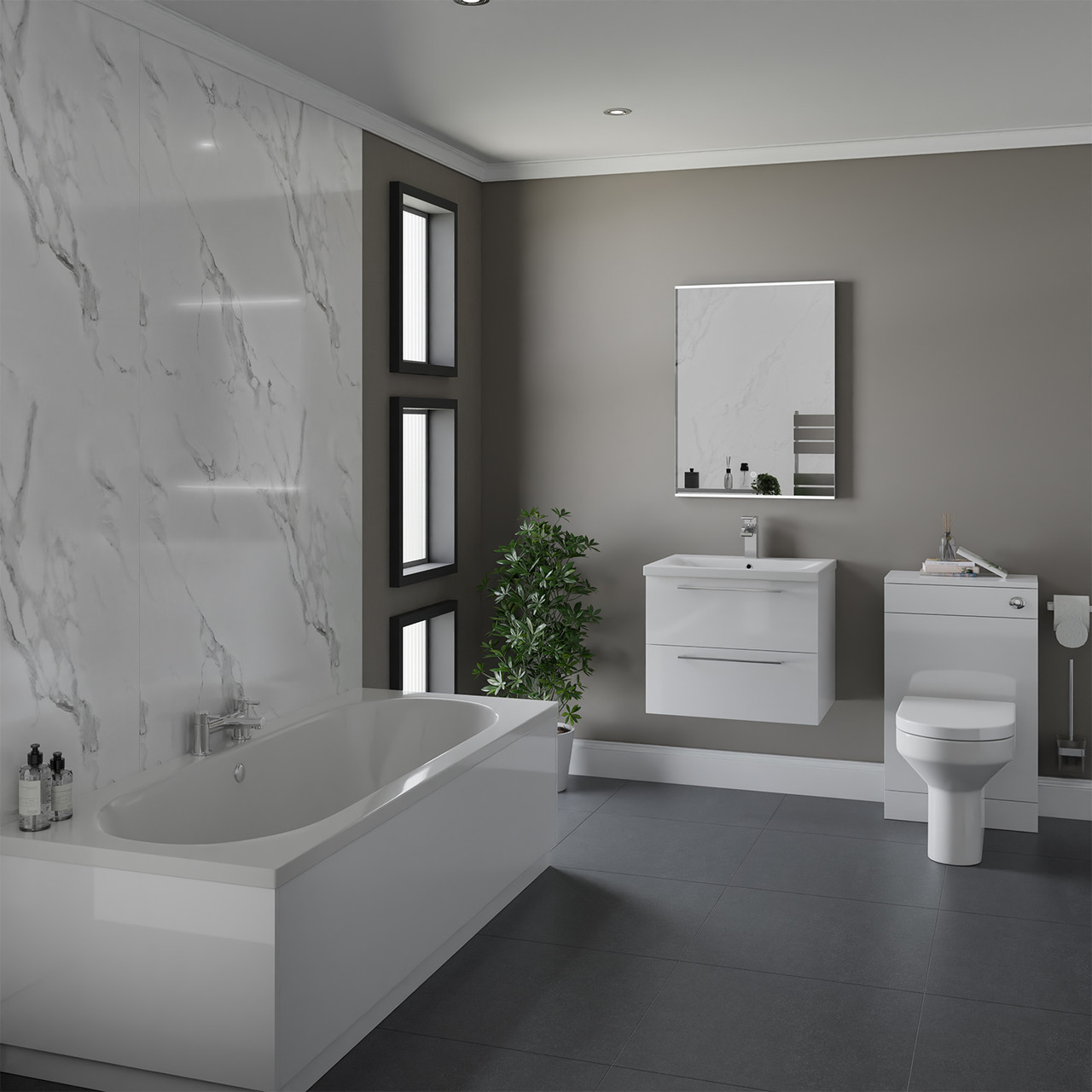 Harrison Straight Double Ended Bathroom Suite including Furniture Set with Polished Chrome Handles