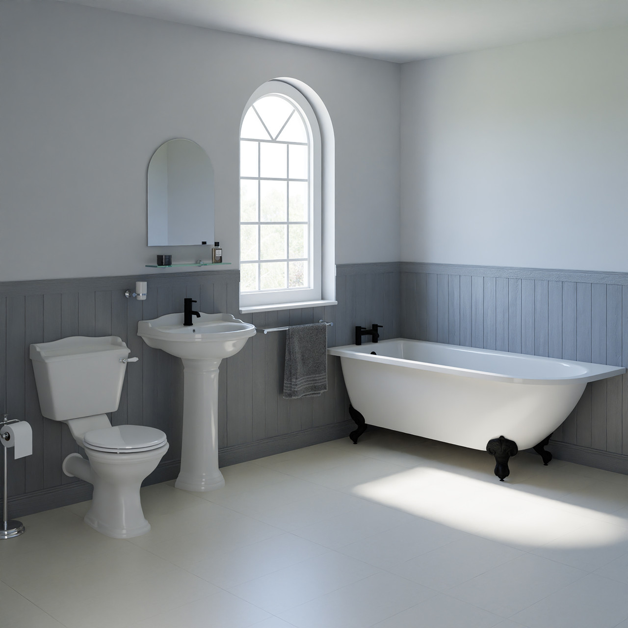 Regis Basin and 1700mm Left Hand Freestanding Shower Bathroom Suite with Matt Black Claw Feet
