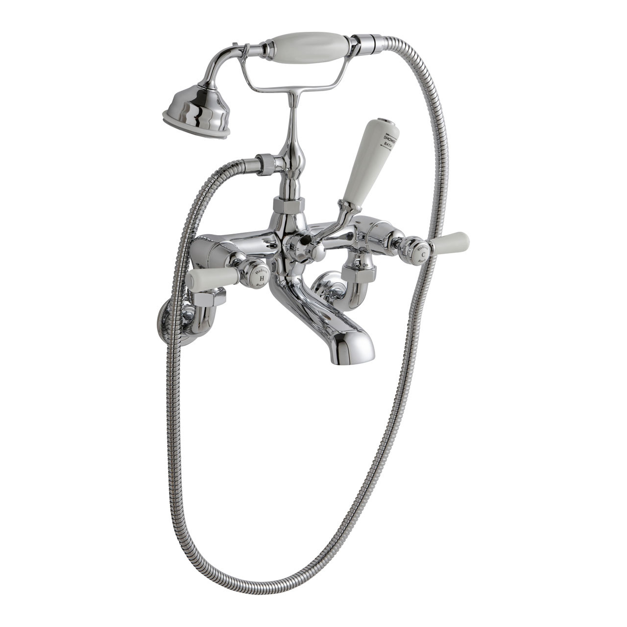 Old London Topaz White Lever Wall Mounted Bath Shower Mixer Tap and Shower Kit with Dome Collar