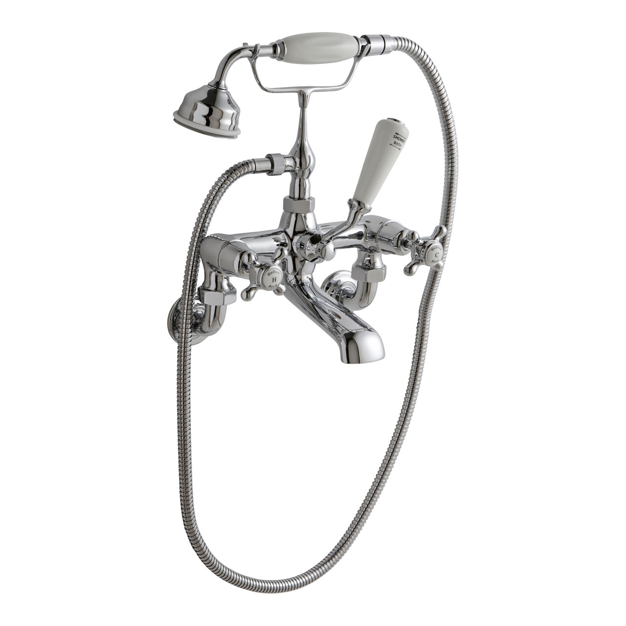 Old London Topaz White Crosshead Wall Mounted Bath Shower Mixer Tap and Shower Kit with Dome Collar