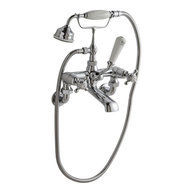 Old London Chrome Topaz White Crosshead Wall Mounted Bath Shower Mixer Tap And Shower Kit With Dome Collar | | Brass | 350Mm X 320Mm X 155Mm