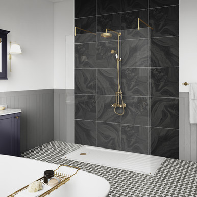 Hudson Reed Brushed Brass Wetroom Shower Screen With Support Bars And Feet | | Glass/Aluminium | 1100Mm X 1950Mm