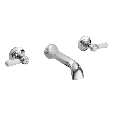 Old London Topaz White Lever Wall Mounted 3 Tap Hole Basin Mixer Tap with Hex Collar, alternate view 3