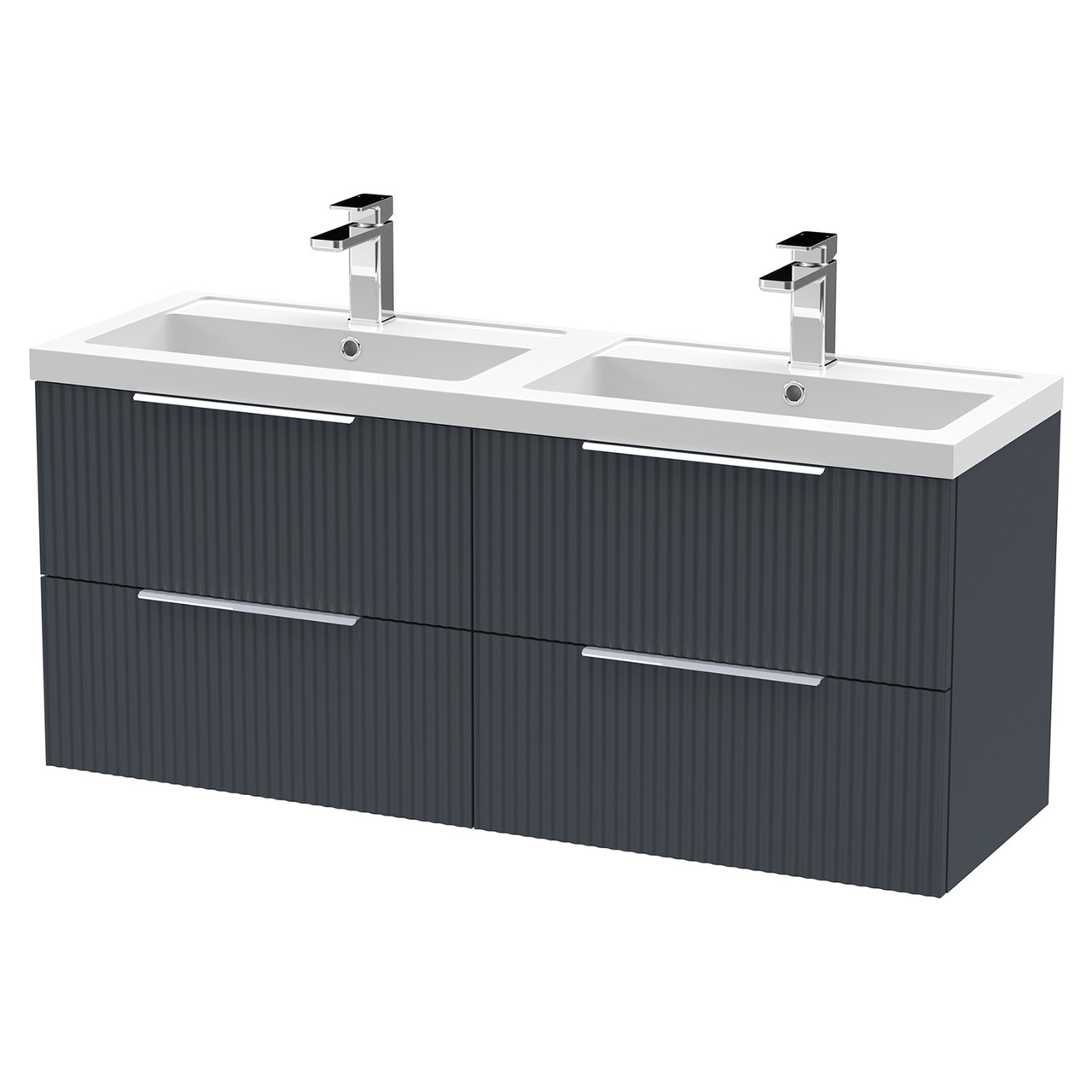 Hudson Reed Fluted Satin Wall Mounted 4 Drawer Vanity Unit and Twin Polymarble Basins