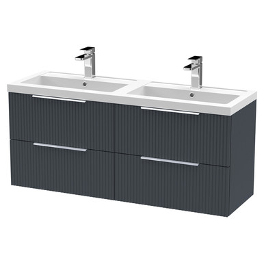 Hudson Reed Soft Black Fluted Satin Wall Mounted 4 Drawer Vanity Unit And Twin Polymarble Basins | | Mdf | 1200Mm
