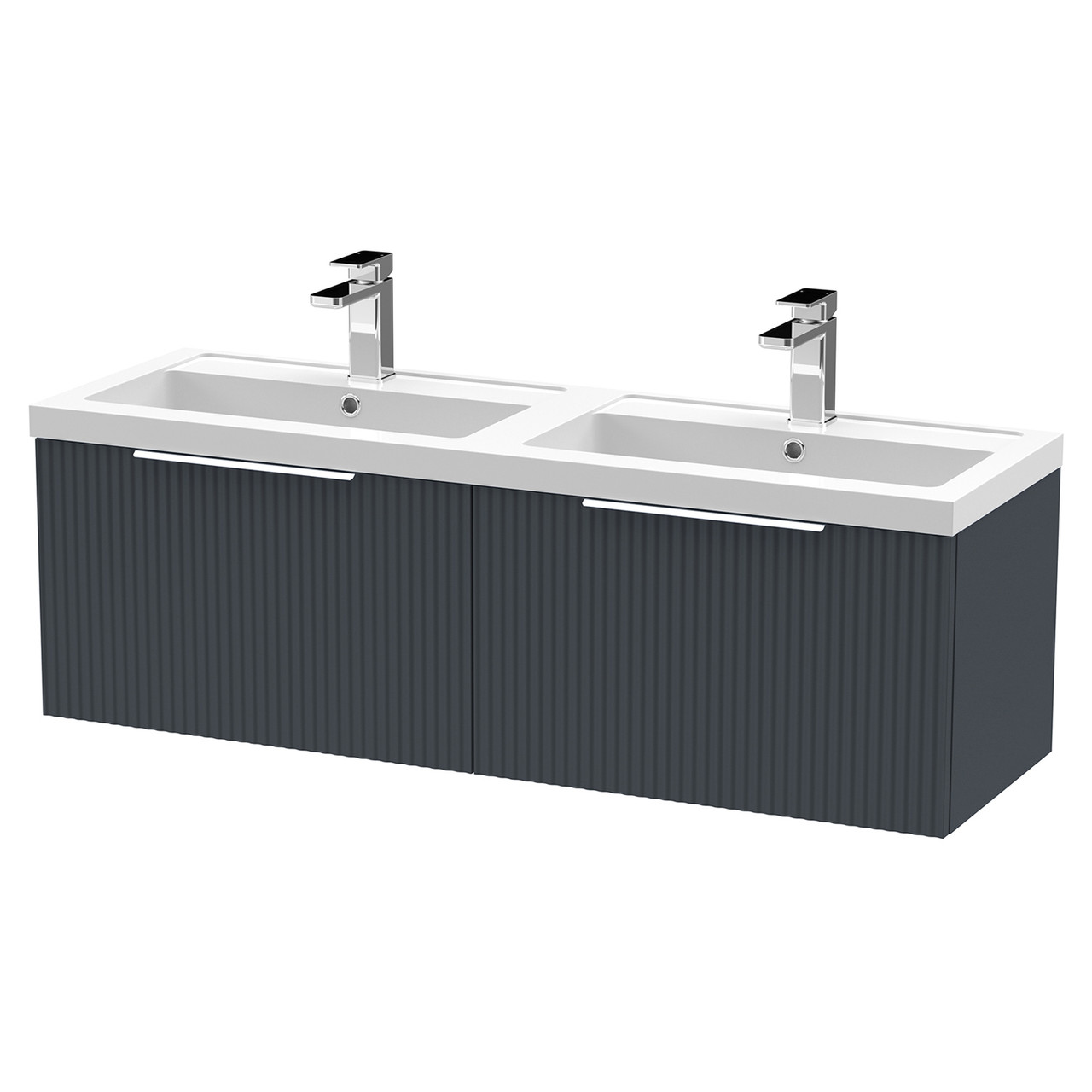 Hudson Reed Fluted Satin Wall Mounted 2 Drawer Vanity Unit and Twin Polymarble Basins
