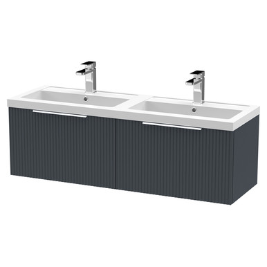 Hudson Reed Soft Black Fluted Satin Wall Mounted 2 Drawer Vanity Unit And Twin Polymarble Basins | | Mdf | 1200Mm