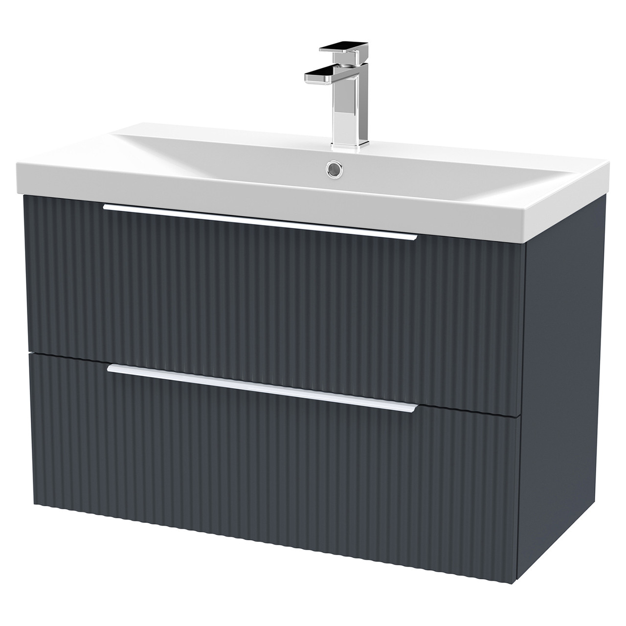 Hudson Reed Fluted Satin Wall Mounted 2 Drawer Vanity Unit and Thin Edge Ceramic Basin