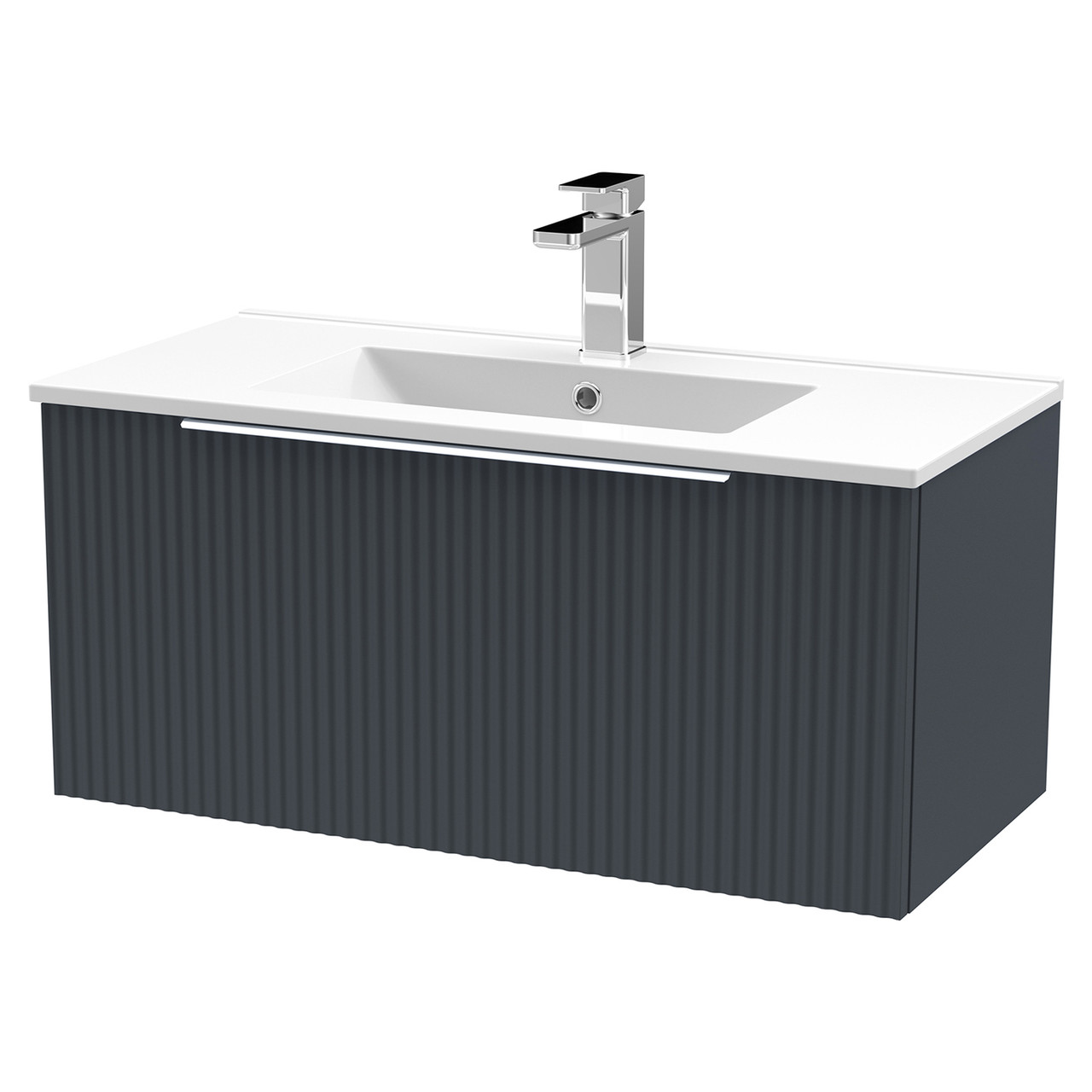 Hudson Reed Fluted Satin Wall Mounted Single Drawer Vanity Unit and Minimalist Ceramic Basin