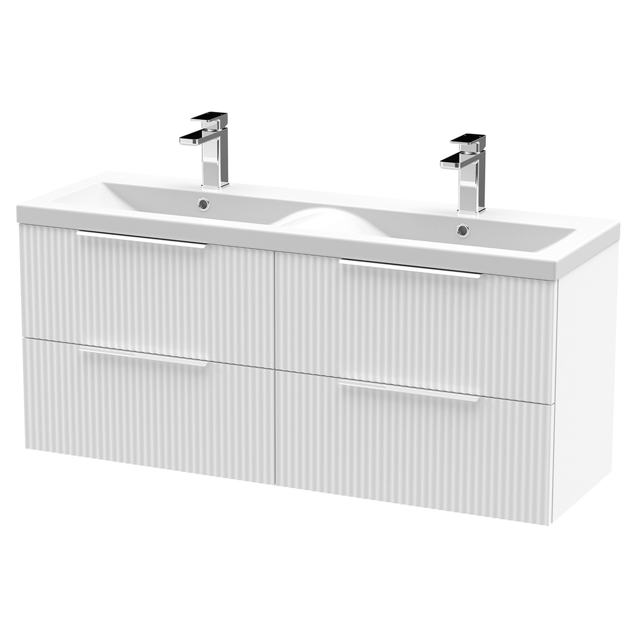 Hudson Reed Satin White Fluted Wall Mounted 4 Drawer Vanity Unit And Twin Ceramic Basins | | Mdf | 1200Mm