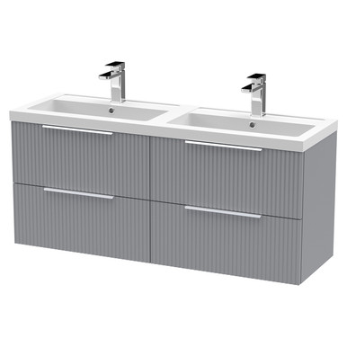 Hudson Reed Satin Grey Fluted Wall Mounted 4 Drawer Vanity Unit And Twin Polymarble Basins | | Mdf | 1200Mm