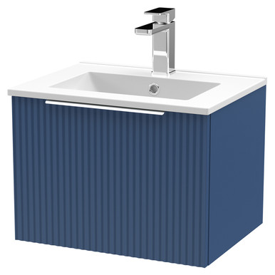 Hudson Reed Satin Blue Fluted Wall Hung Single Drawer Vanity Unit And Minimalist Ceramic Basin | | Mdf | 500Mm