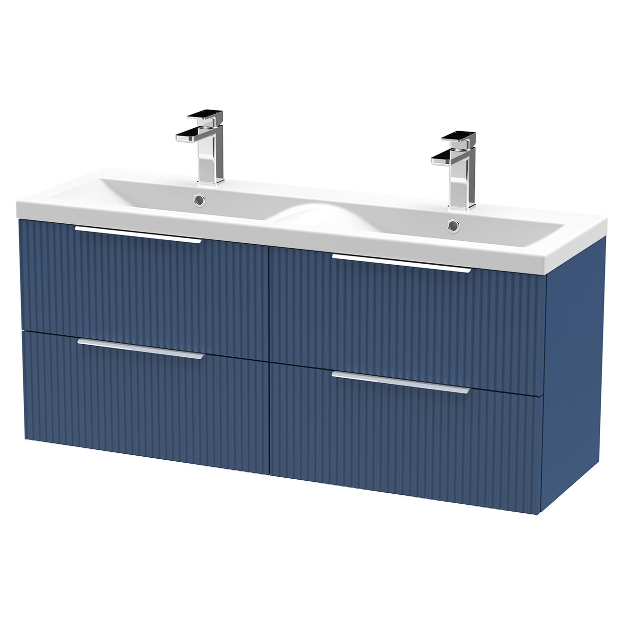 Hudson Reed Fluted Wall Hung 4 Drawer Vanity Unit and Twin Ceramic Basins