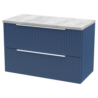 Hudson Reed Satin Blue Fluted Wall Hung 2 Drawer Vanity Unit With Bellato Grey Worktop | | Mdf | 800Mm