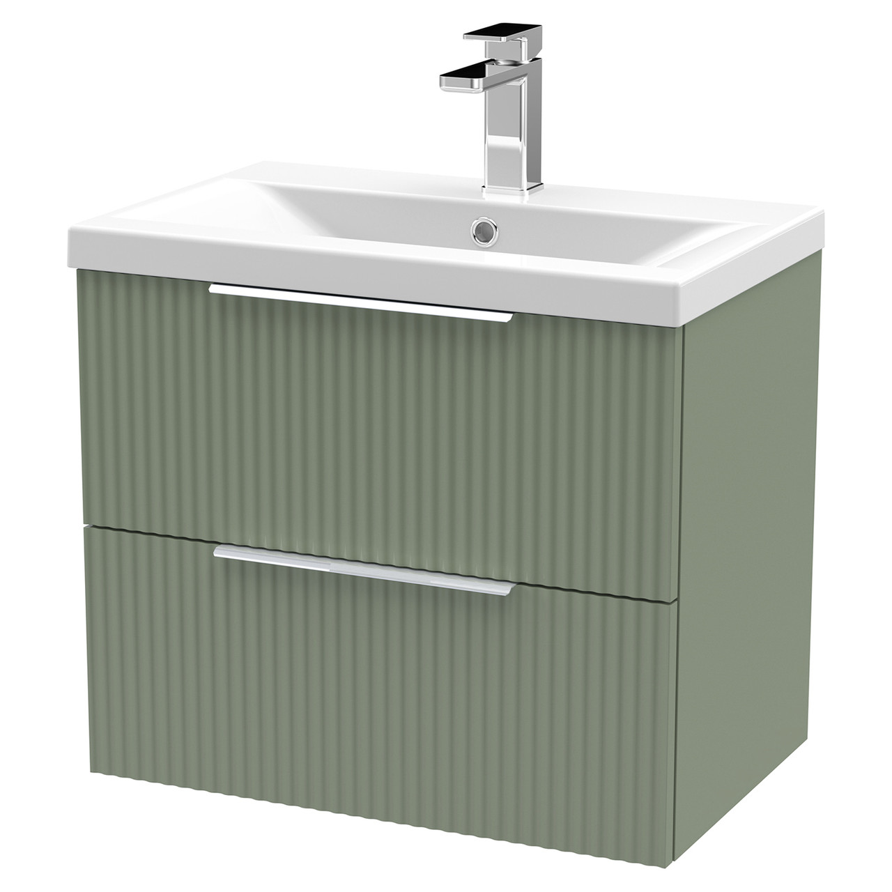 Hudson Reed Satin Green Fluted Wall Mounted 2 Drawer Vanity Unit And Mid Edge Ceramic Basin | | Mdf | 600Mm