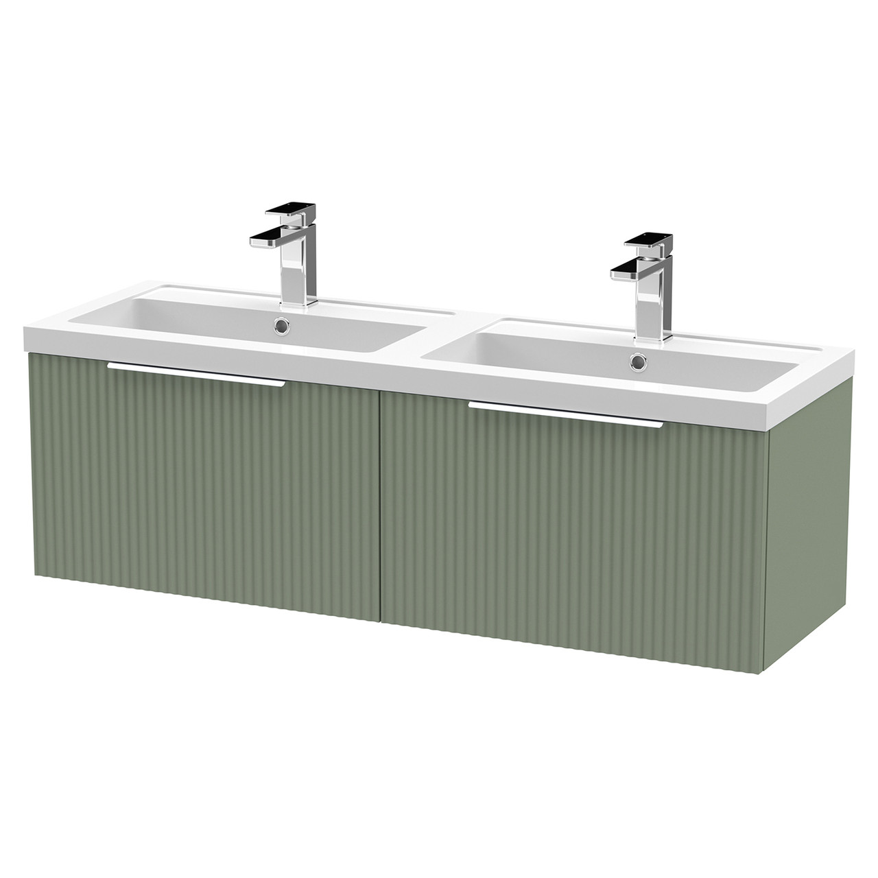 Hudson Reed Fluted Wall Mounted 2 Drawer Vanity Unit and Twin Polymarble Basins