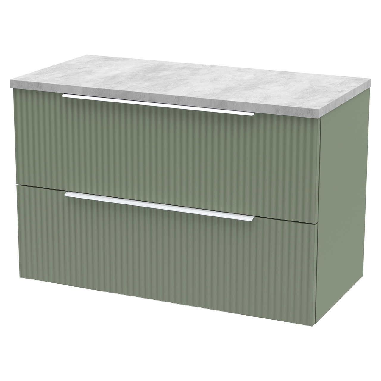 Hudson Reed Satin Green Fluted Wall Mounted 2 Drawer Vanity Unit With Bellato Grey Worktop | | Mdf | 800Mm