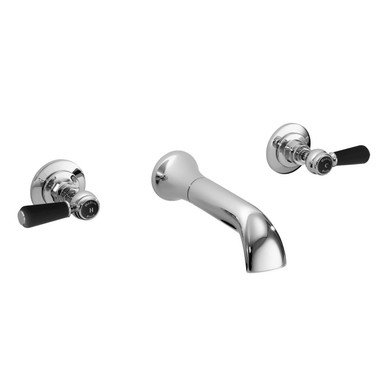 Old London Topaz Black Lever Wall Mounted 3 Tap Hole Basin Mixer Tap with Hex Collar, alternate view 3
