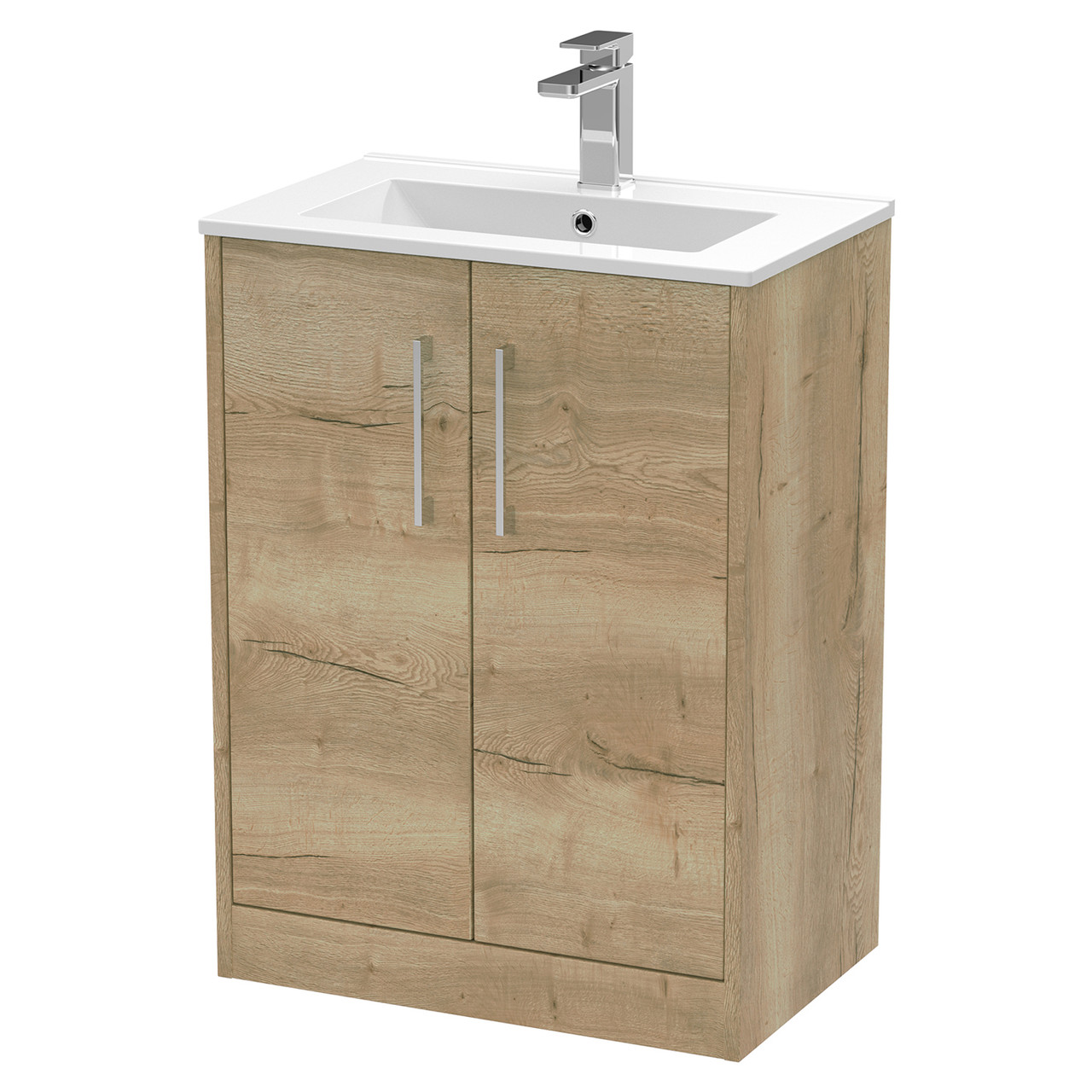 Hudson Reed Juno Woodgrain Floor Standing 2 Door Vanity Unit and Minimalist Ceramic Basin