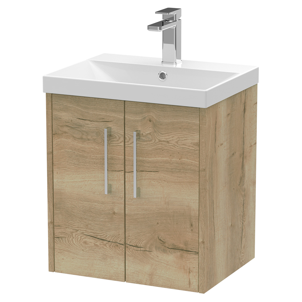 Hudson Reed Juno Woodgrain Wall Hung 2 Door Vanity Unit and Thin Edge Ceramic Basin
