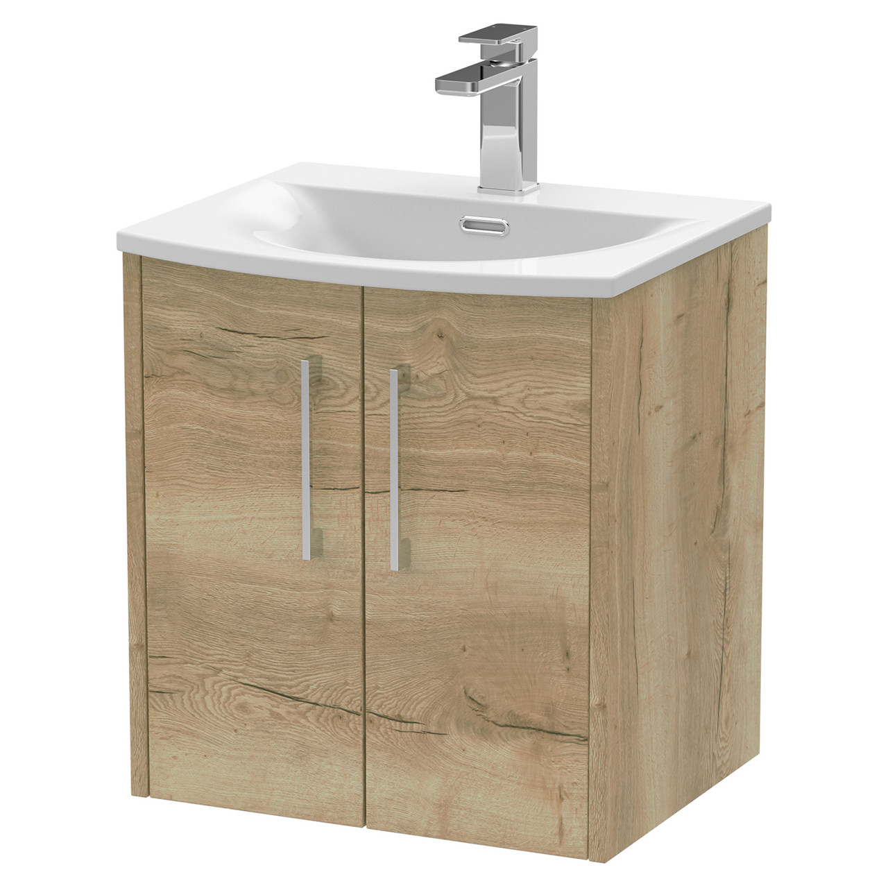 Hudson Reed Juno Woodgrain Wall Hung 2 Door Vanity Unit and Curved Ceramic Basin