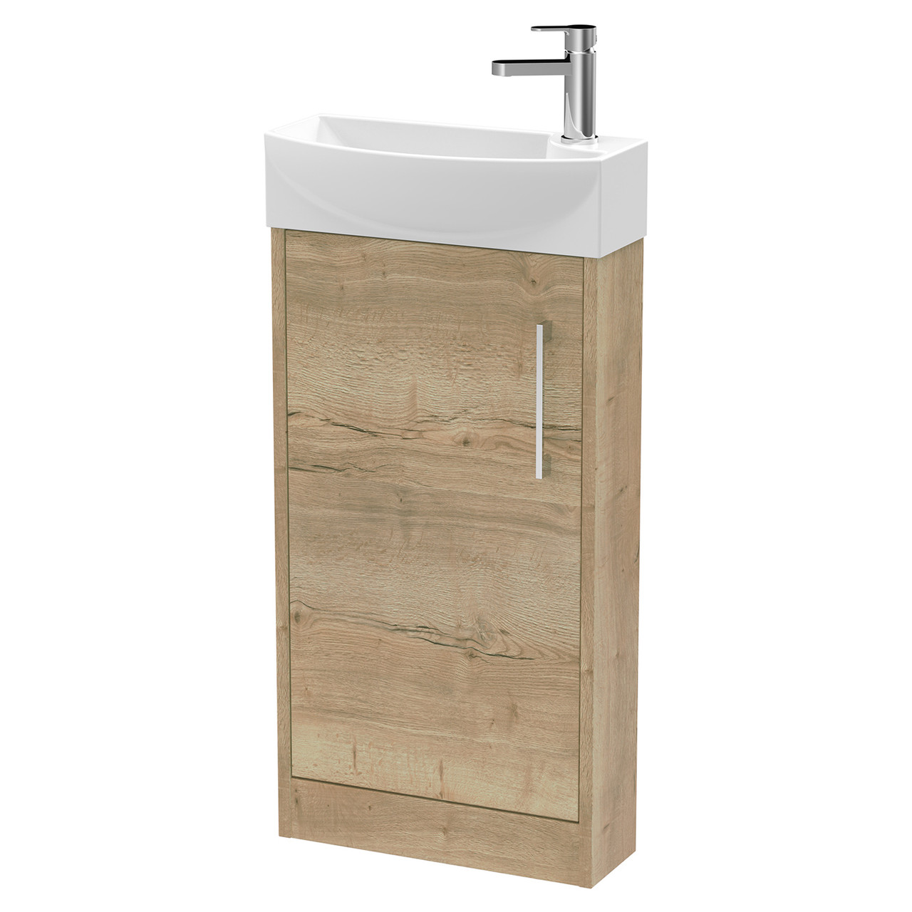 Hudson Reed Juno Compact Woodgrain Single Door Vanity Unit and Left Hand Curved Ceramic Basin