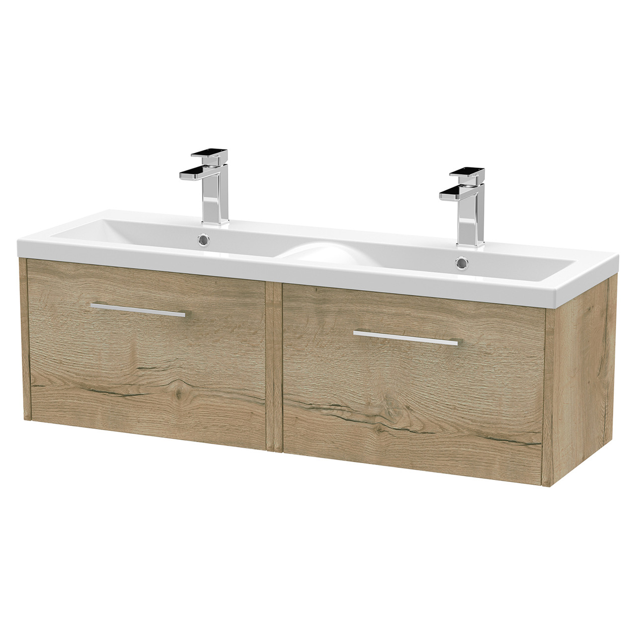 Hudson Reed Juno Woodgrain Wall Hung 2 Drawer Vanity Unit and Twin Ceramic Basins