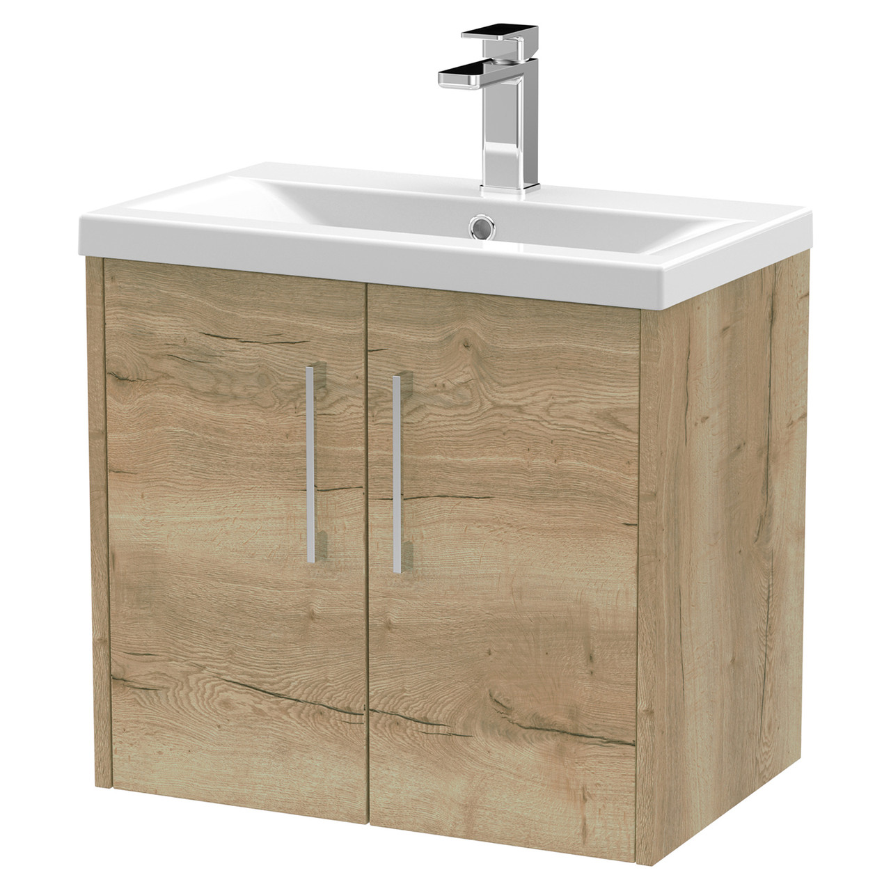 Hudson Reed Juno Woodgrain Wall Hung 2 Door Vanity Unit and Mid Edge Ceramic Basin