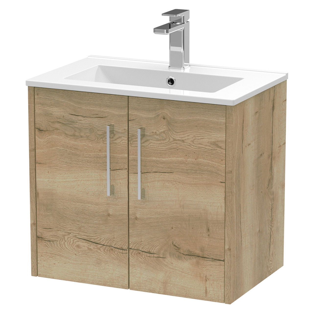 Hudson Reed Juno Woodgrain Wall Hung 2 Door Vanity Unit and Minimalist Ceramic Basin