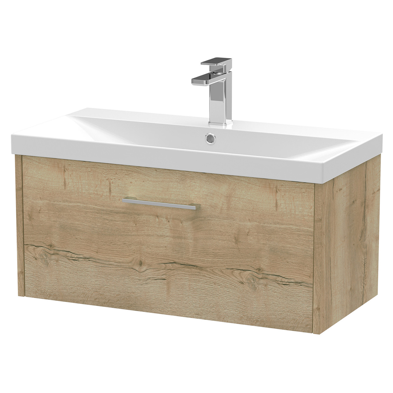 Hudson Reed Juno Woodgrain Wall Hung Single Drawer Vanity Unit and Thin Edge Ceramic Basin