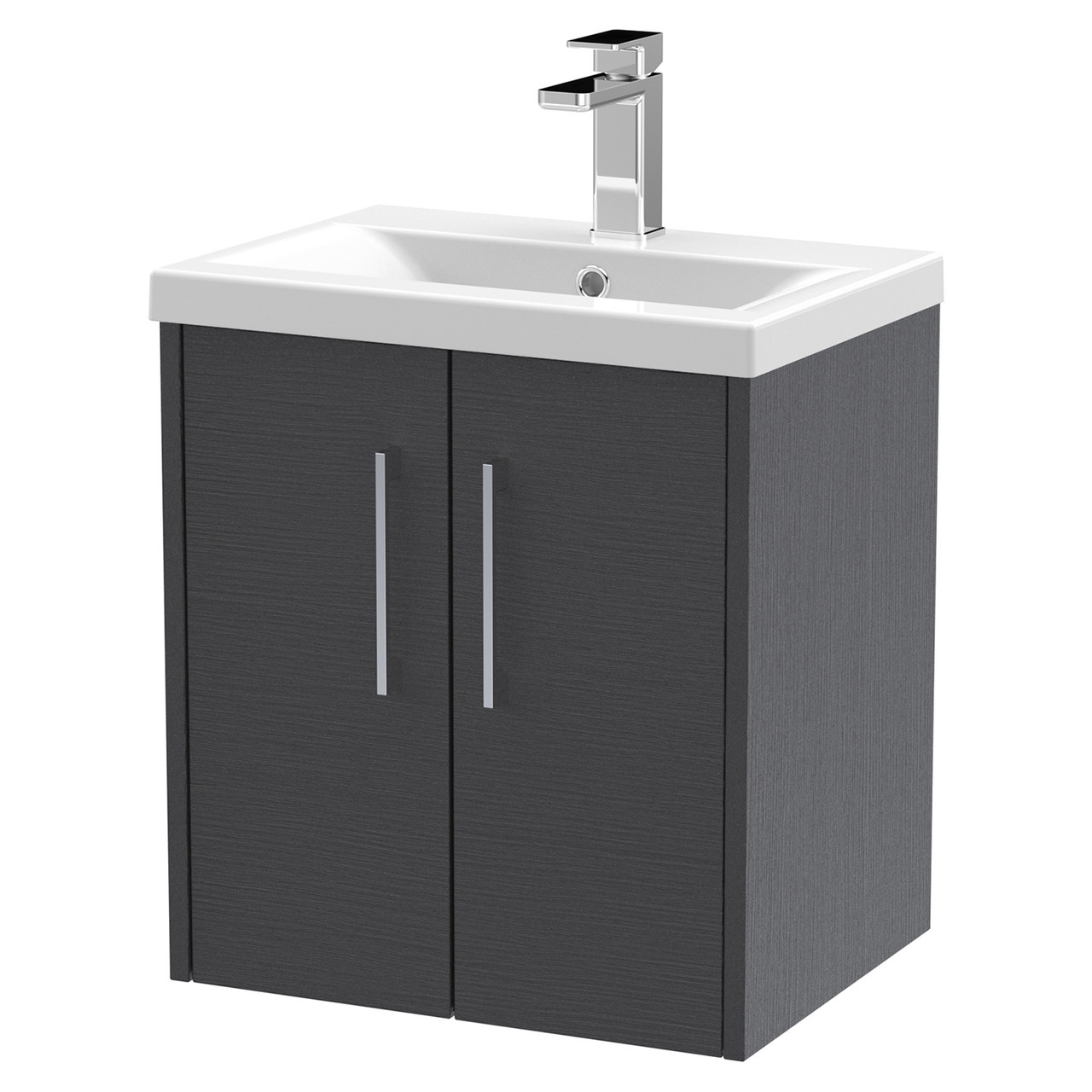 Hudson Reed Juno Woodgrain Wall Hung 2 Door Vanity Unit and Mid Edge Ceramic Basin