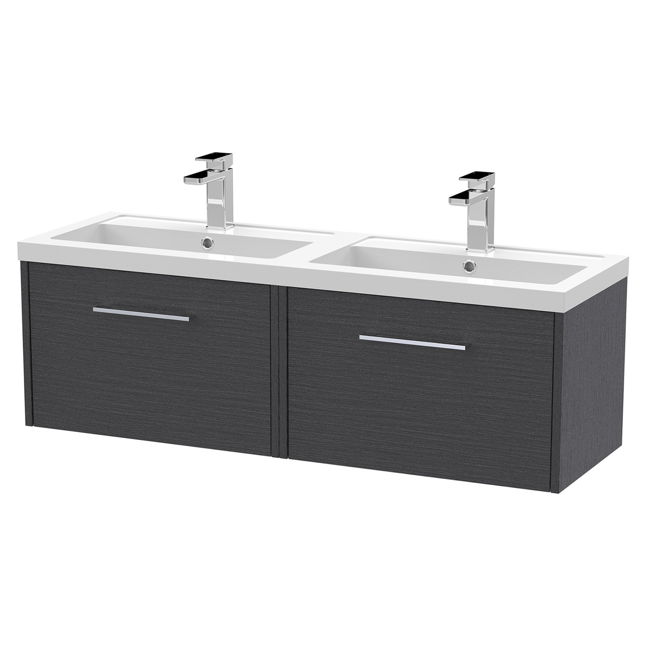 Hudson Reed Juno Woodgrain Wall Hung 2 Drawer Vanity Unit and Twin Polymarble Basins