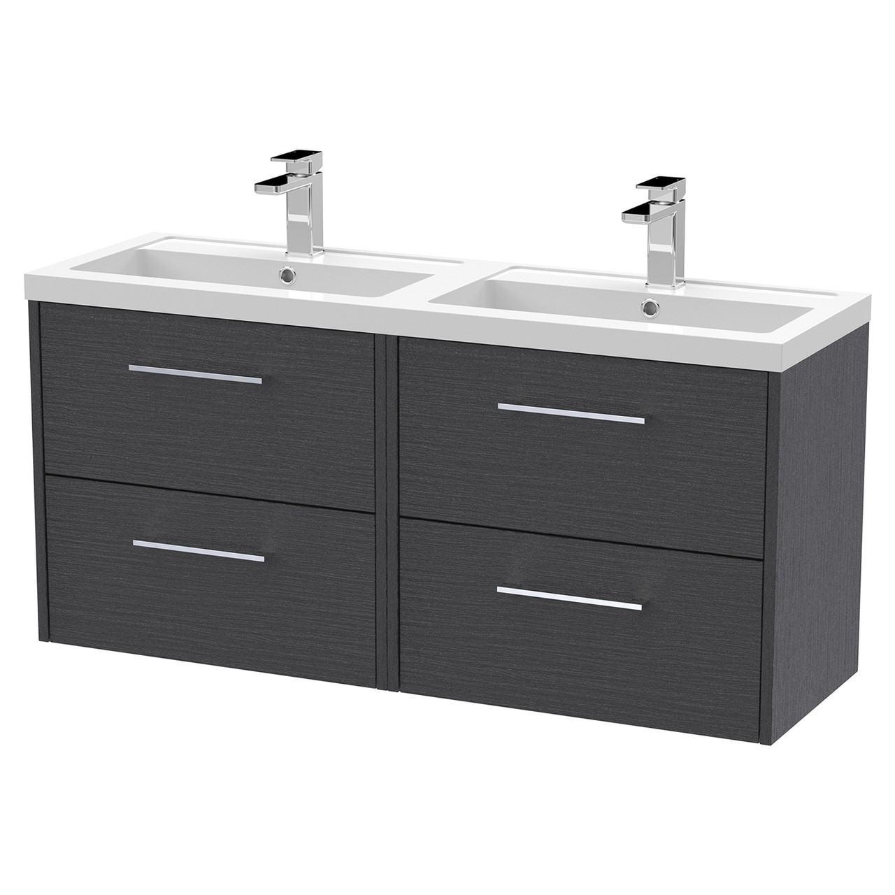 Hudson Reed Juno Woodgrain Wall Hung 4 Drawer Vanity Unit and Twin Polymarble Basins