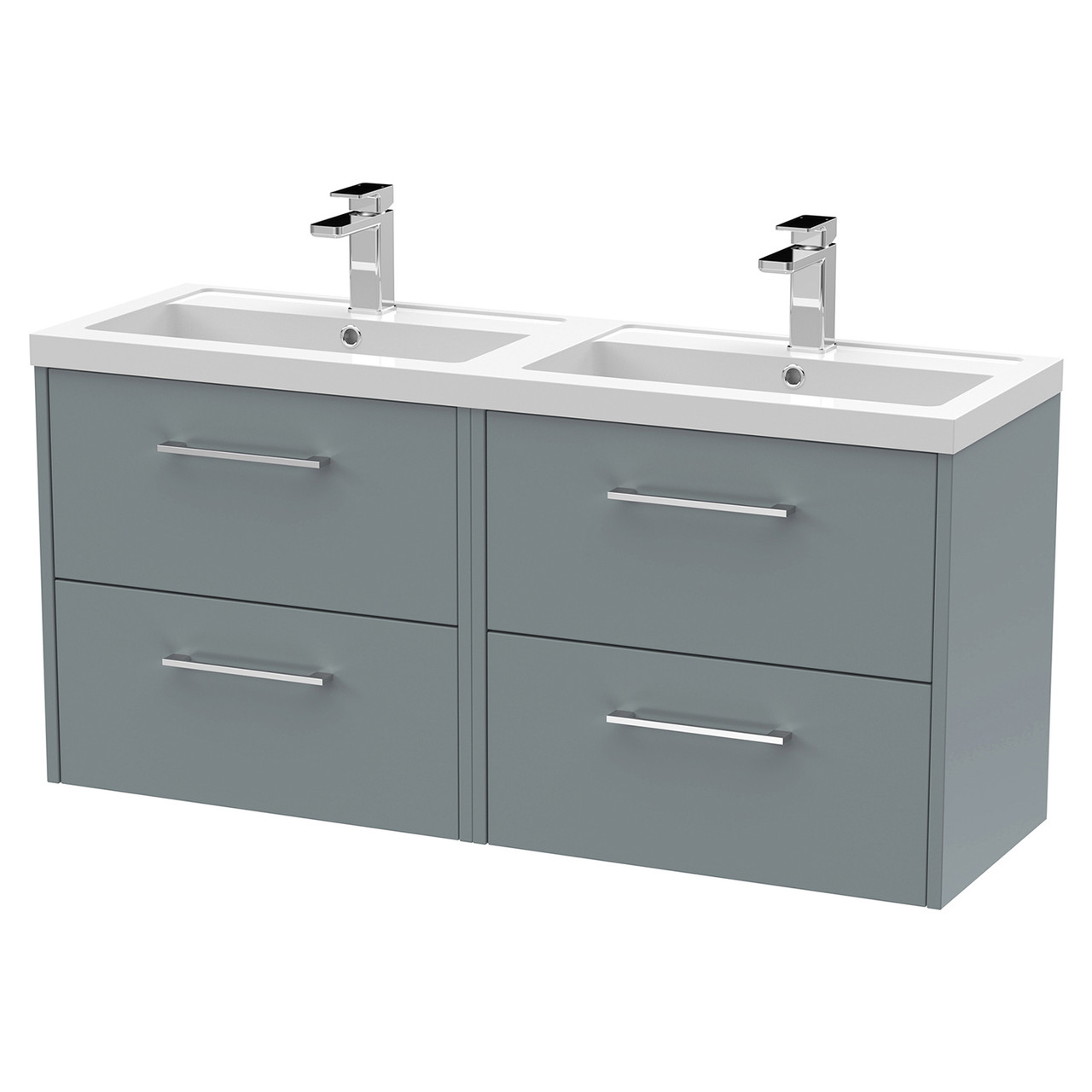 Hudson Reed Coastal Grey Juno Matt Wall Hung 4 Drawer Vanity Unit And Twin Polymarble Basins | | Mdf | 1200Mm