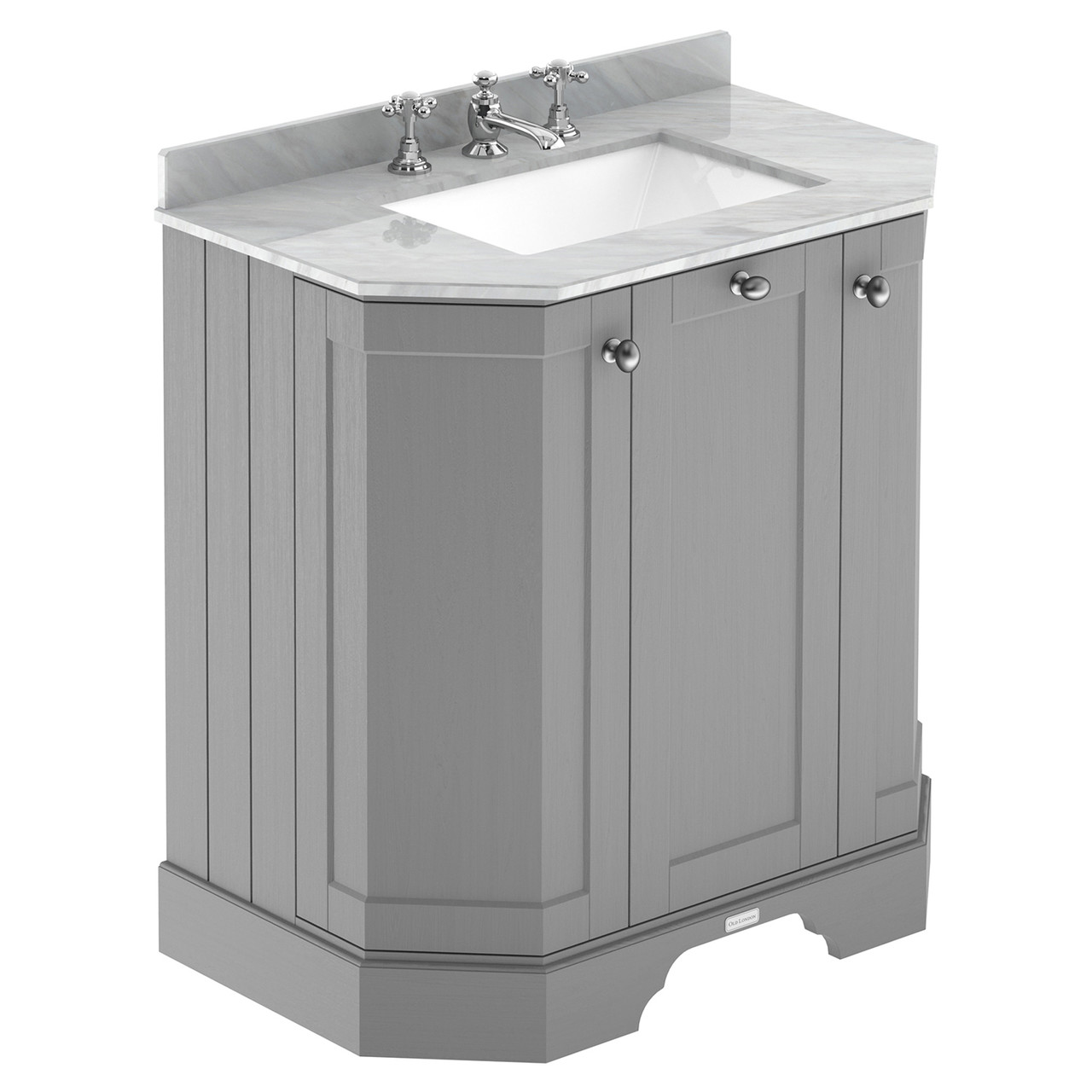 Old London Woodgrain Angled 2 Door Vanity Unit with Grey Marble Countertop and Square Ceramic 3 Tap Hole Basin