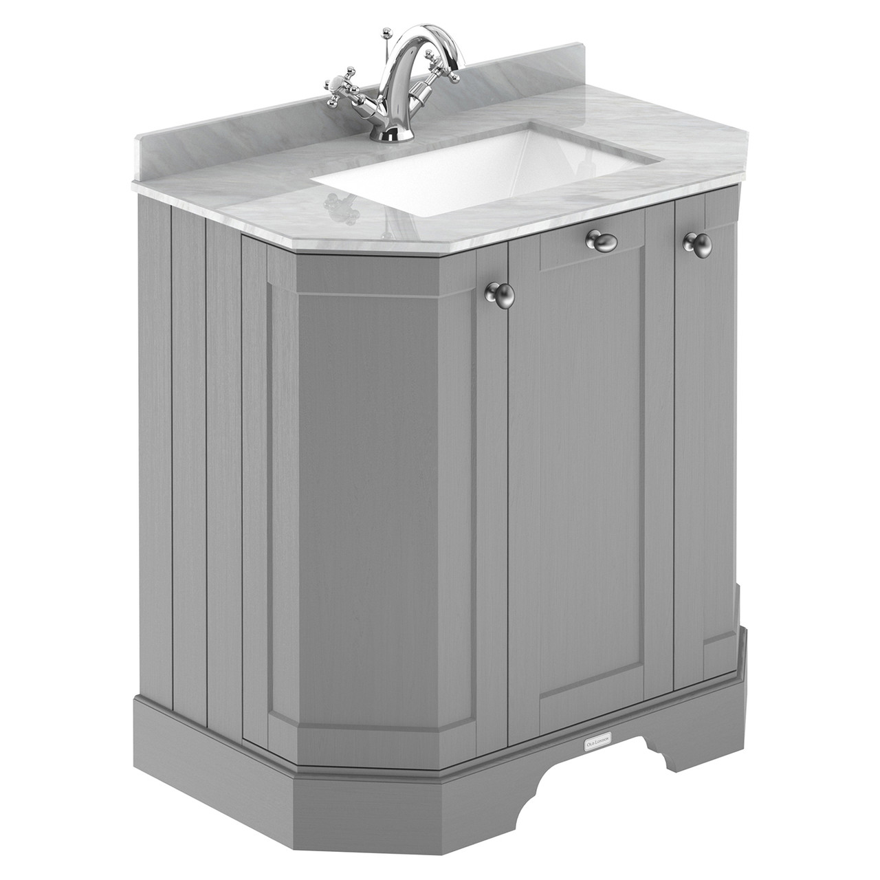 Old London Woodgrain Angled 2 Door Vanity Unit with Grey Marble Countertop and Square Ceramic Basin