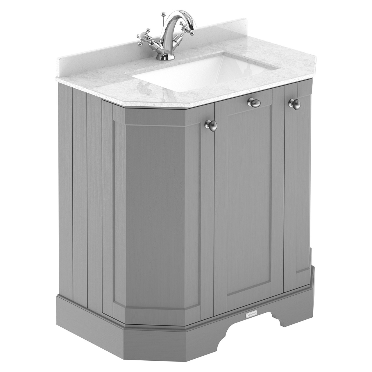 Old London Woodgrain Angled 2 Door Vanity Unit with White Marble Countertop and Square Ceramic Basin