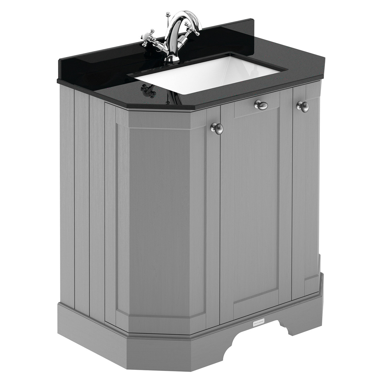 Old London Woodgrain Angled 2 Door Vanity Unit with Black Marble Countertop and Square Ceramic Basin