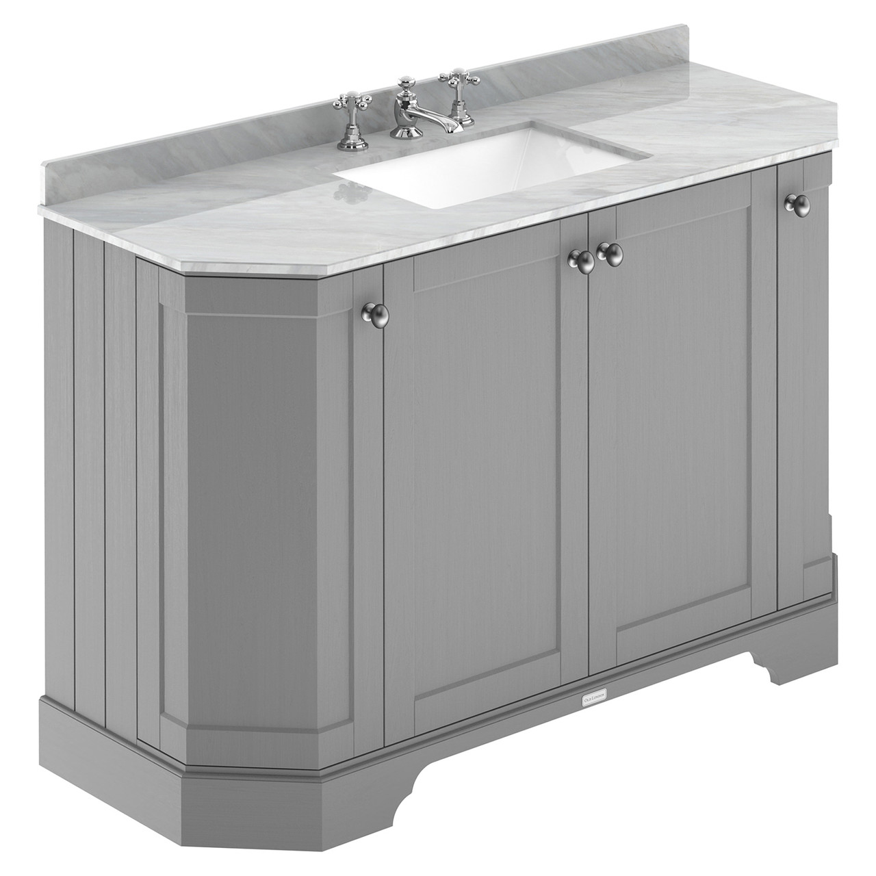 Old London Woodgrain Angled 4 Door Vanity Unit with Grey Marble Countertop and Square Ceramic 3 Tap Hole Basin