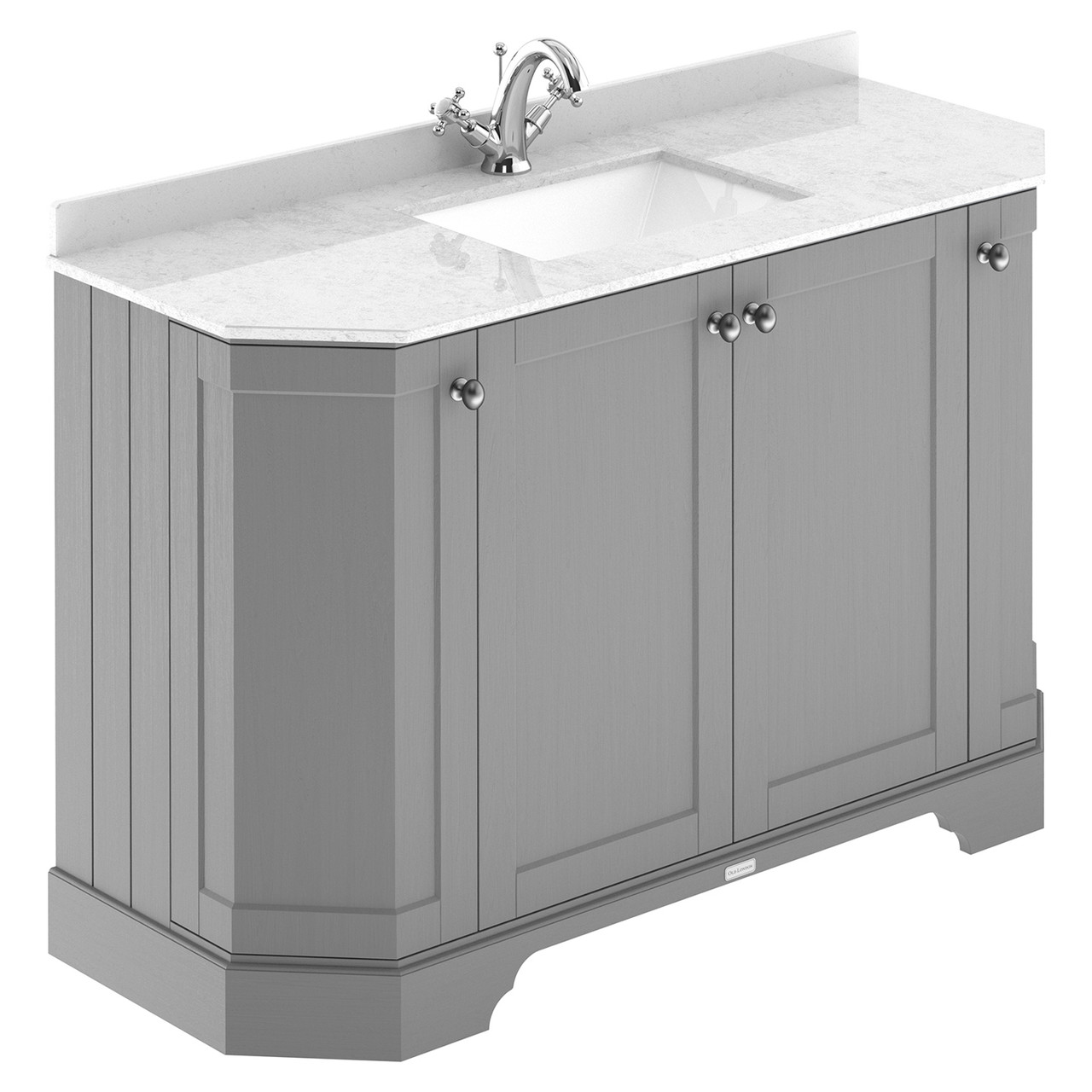 Old London Woodgrain Angled 4 Door Vanity Unit with White Marble Countertop and Square Ceramic Basin