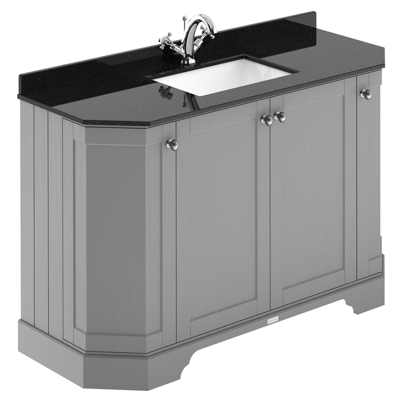 Old London Woodgrain Angled 4 Door Vanity Unit with Black Marble Countertop and Square Ceramic Basin