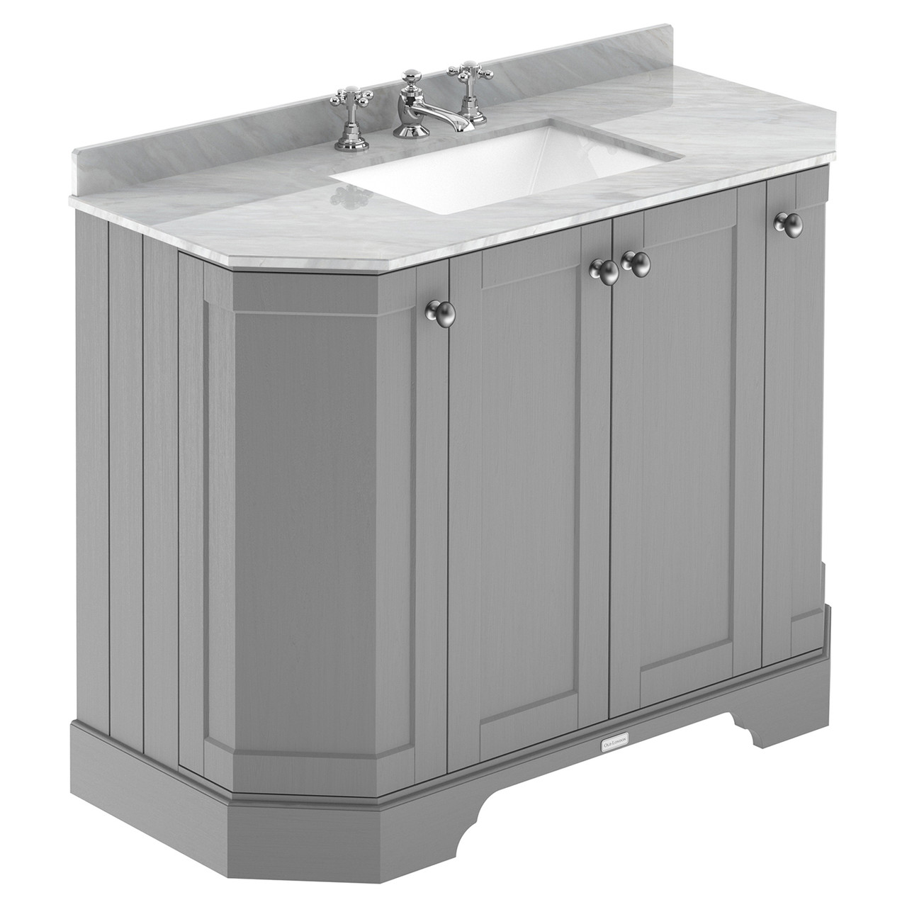 Old London Woodgrain Angled 4 Door Vanity Unit with Grey Marble Countertop and Square Ceramic 3 Tap Hole Basin