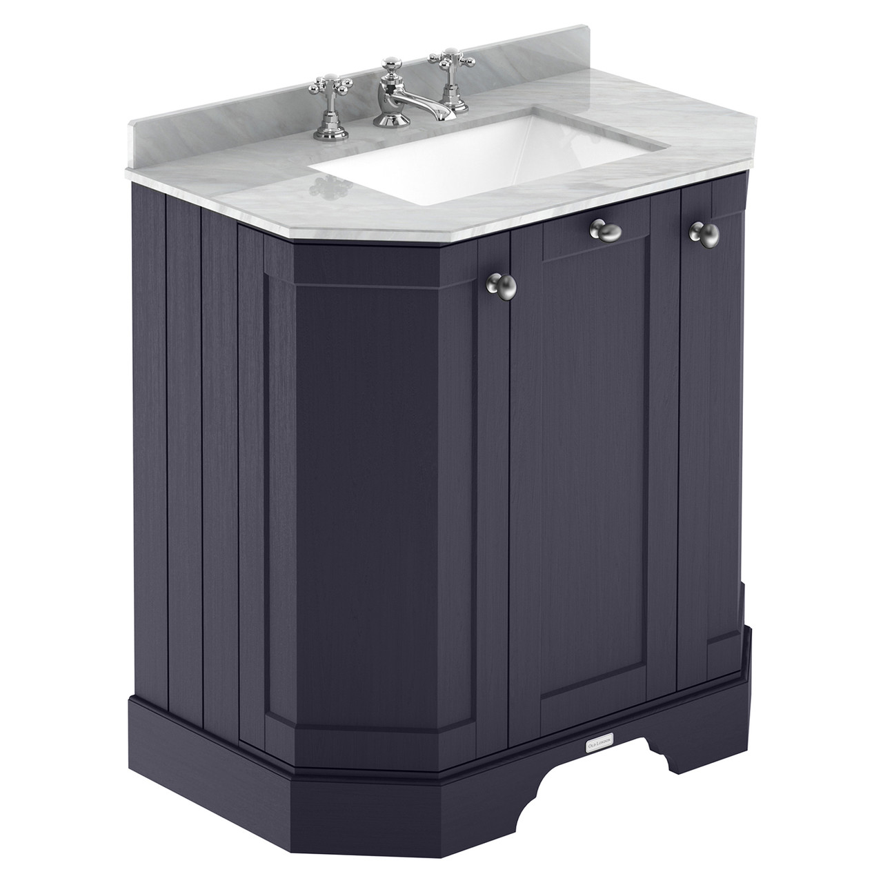 Old London Woodgrain Angled 2 Door Vanity Unit with Grey Marble Countertop and Square Ceramic 3 Tap Hole Basin
