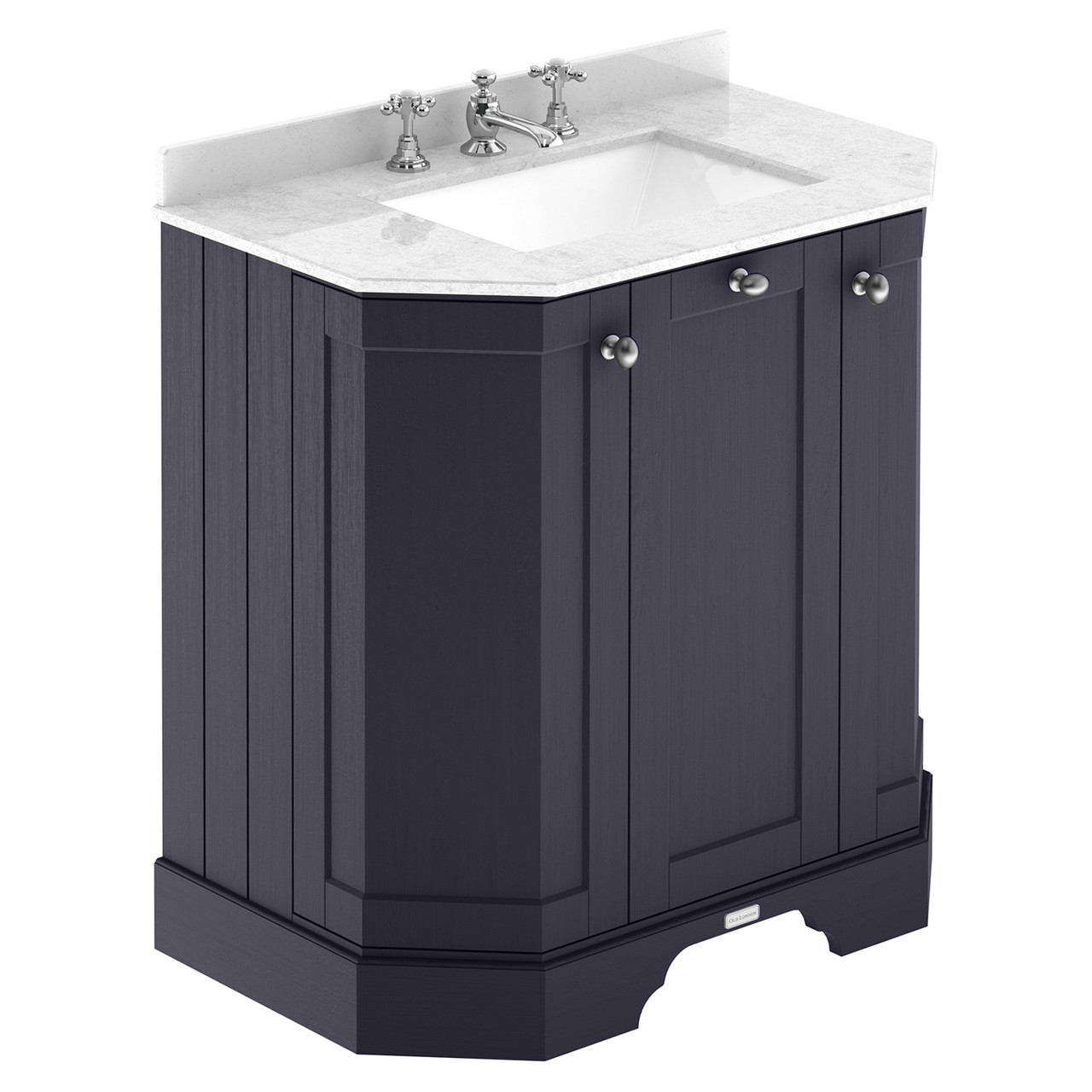 Old London Woodgrain Angled 2 Door Vanity Unit with White Marble Countertop and Square Ceramic 3 Tap Hole Basin