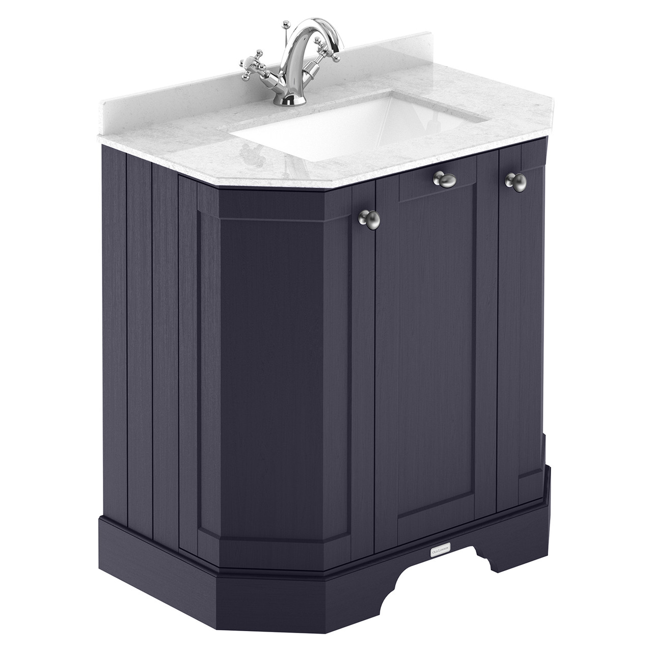 Old London Woodgrain Angled 2 Door Vanity Unit with White Marble Countertop and Square Ceramic Basin