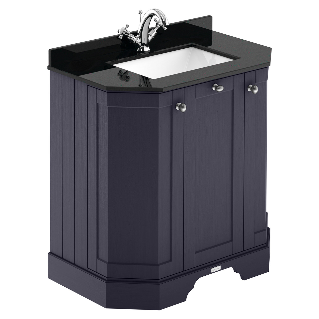 Old London Woodgrain Angled 2 Door Vanity Unit with Black Marble Countertop and Square Ceramic Basin