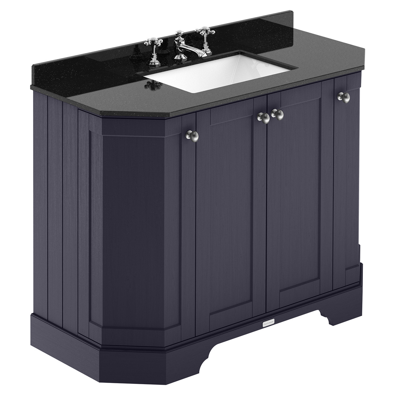 Old London Twilight Blue Woodgrain Angled 4 Door Vanity Unit With Black Marble Countertop And Square Ceramic 3 Tap Hole Basin | | Mdf | 1000Mm